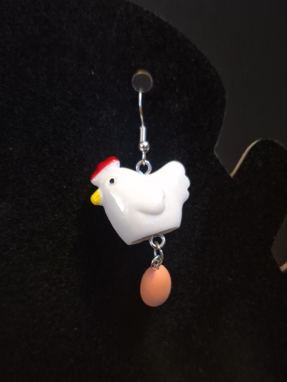 Cute Handcrafted Kitschy White Chicken Dangle Earrings with Brown Egg Charms - Picture 3 of 4